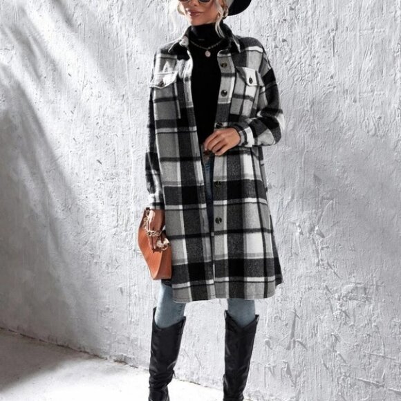Boho  Plaid Print Flap Pocket button down Duster Jacker Coat black white - Picture 3 of 7